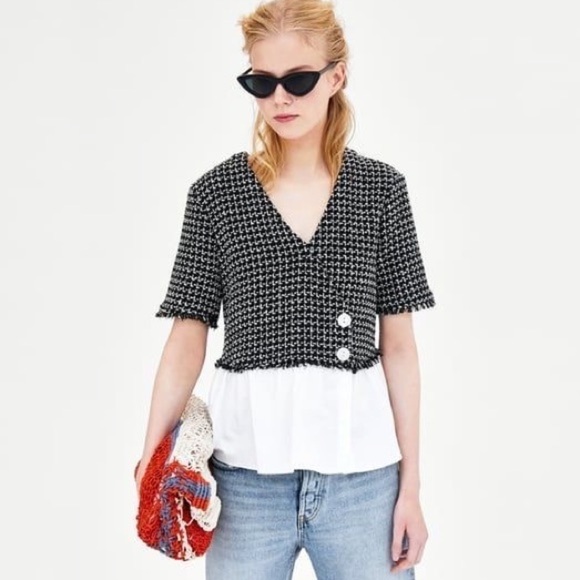 Zara Black and White Cuerpo Combinnado Contrast Tweed Top Size S - Picture 1 of 17